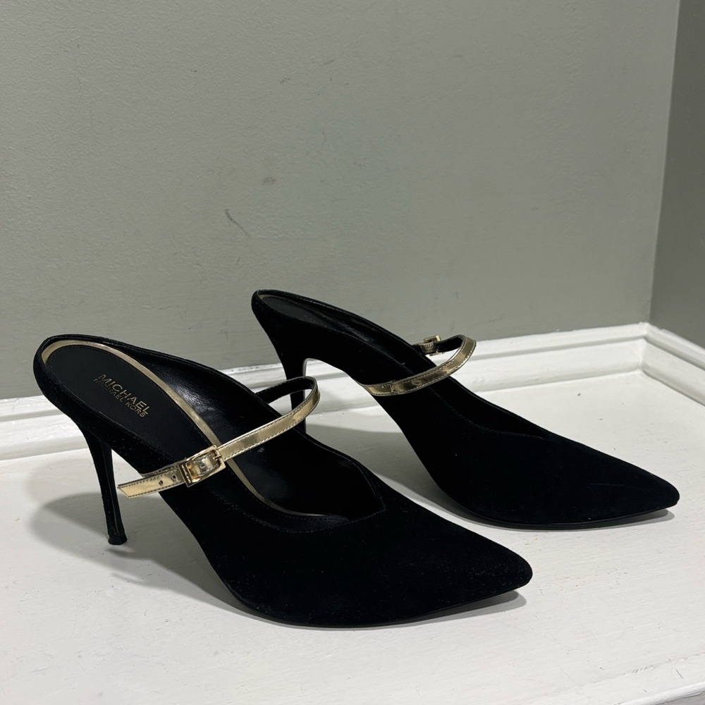 Michael Kors Black Suede Mule Heels with Gold Straps-size 11 - Picture 3 of 9